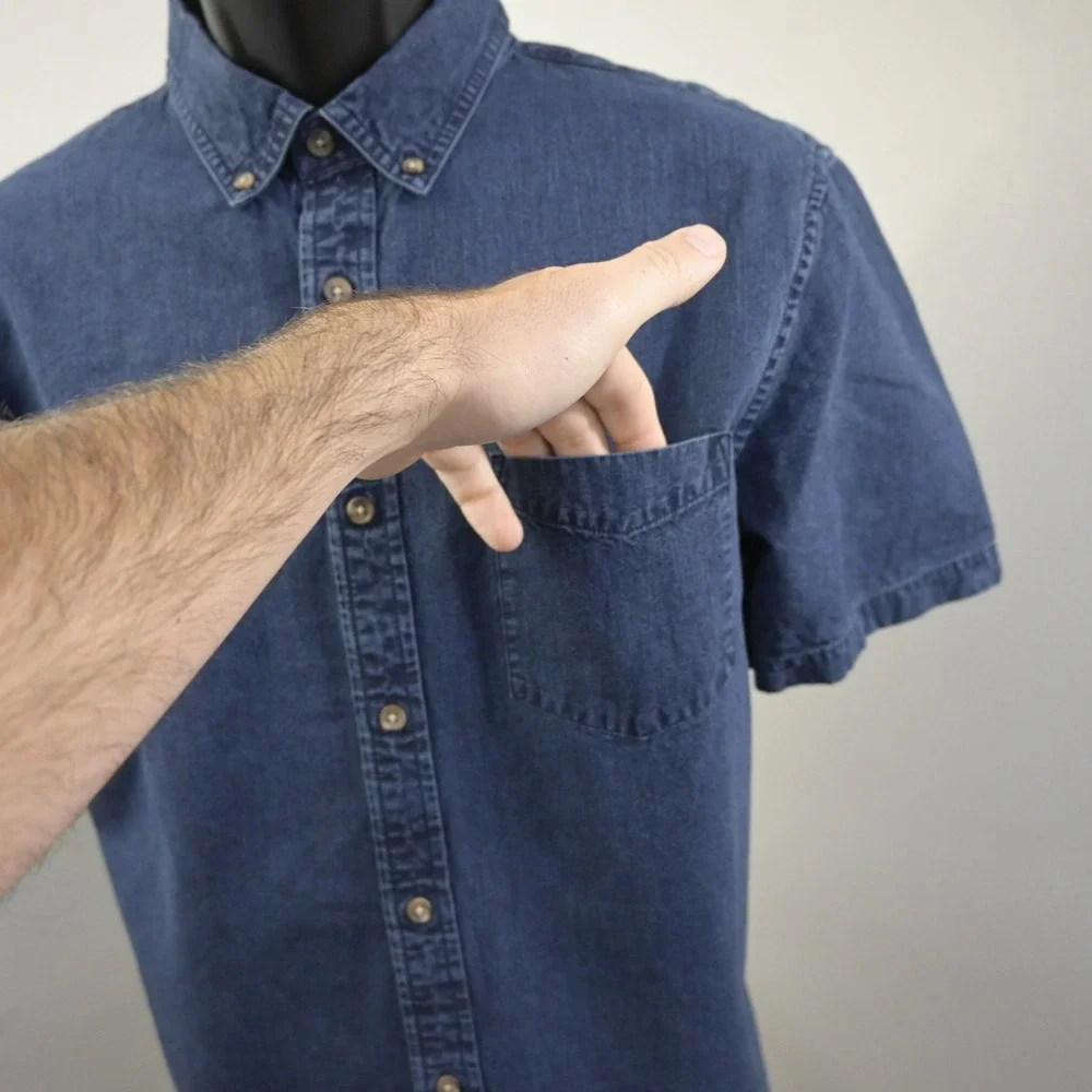 Banana Republic Button Up‎ Men L Slim Fit Blue Short Sleeve Denim Pocket Shirt
